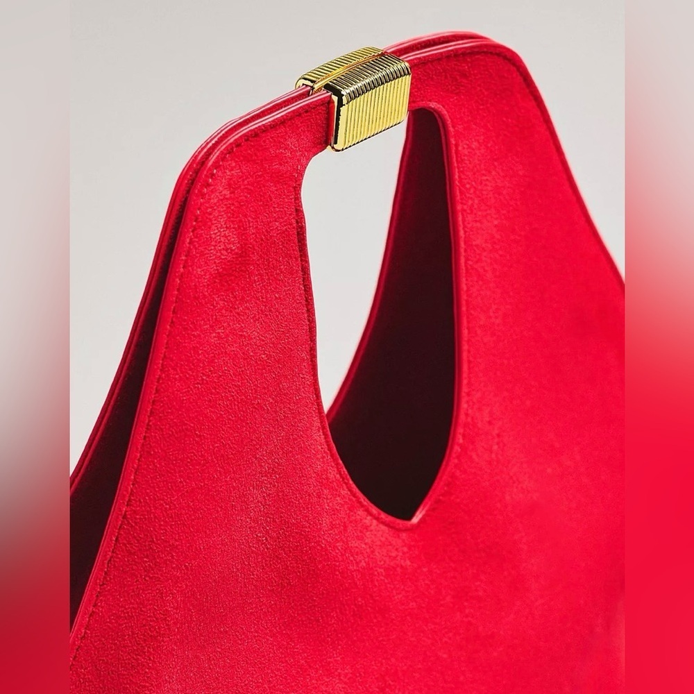 Anthropologie Red Faux Suede Gilded Handle Tote Bag - Picture 2 of 3
